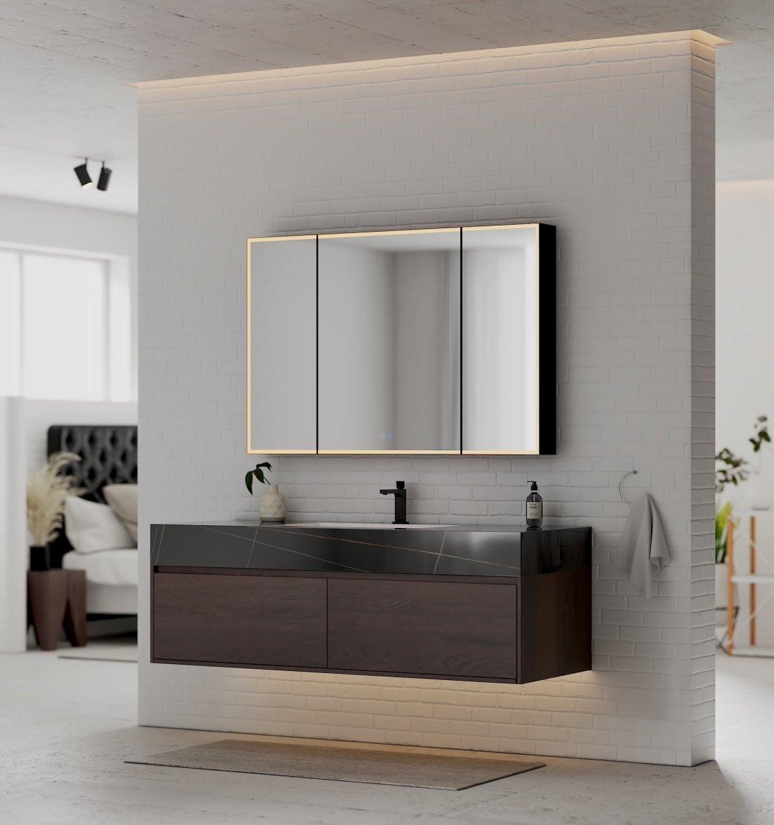 60" Walnut Double Sink Stone Top Two Drawers Floating Bathroom Vanity - VanityWalnut NeoNova Decor