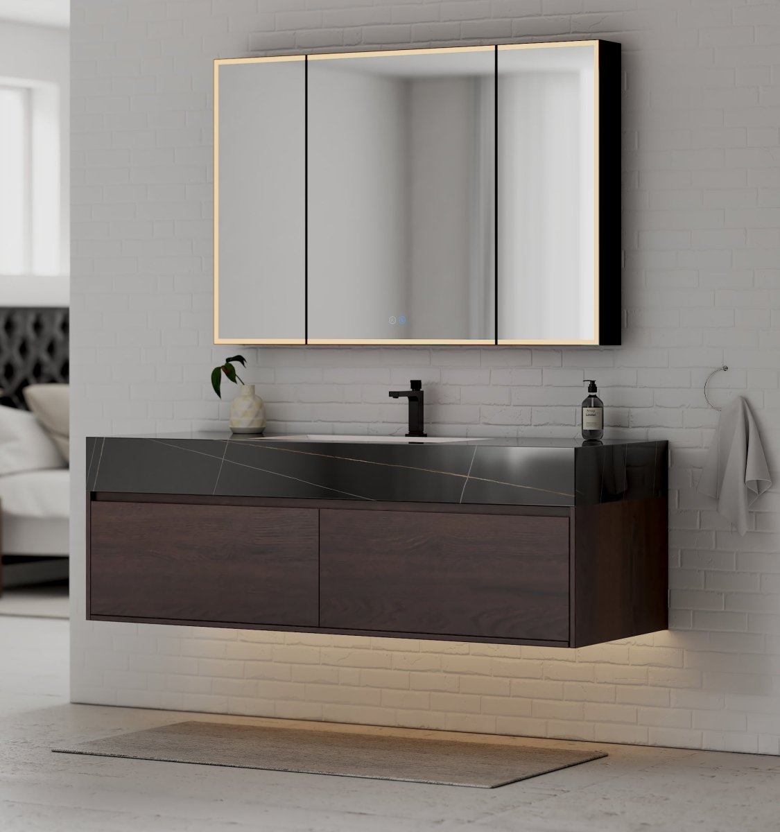 60" Walnut Double Sink Stone Top Two Drawers Floating Bathroom Vanity - VanityWalnut NeoNova Decor