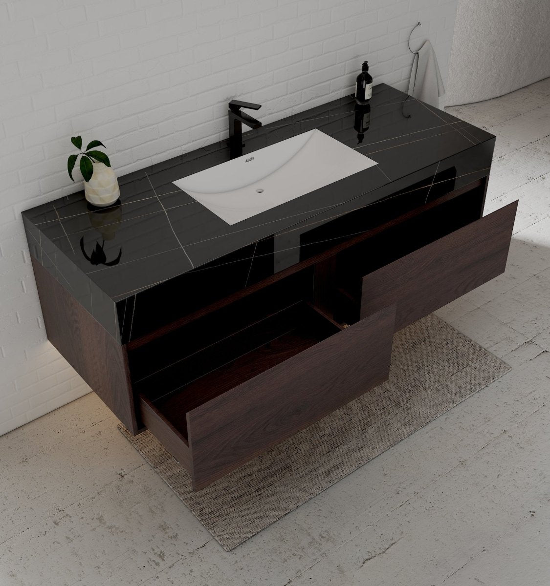 60" Walnut Double Sink Stone Top Two Drawers Floating Bathroom Vanity - VanityWalnut NeoNova Decor