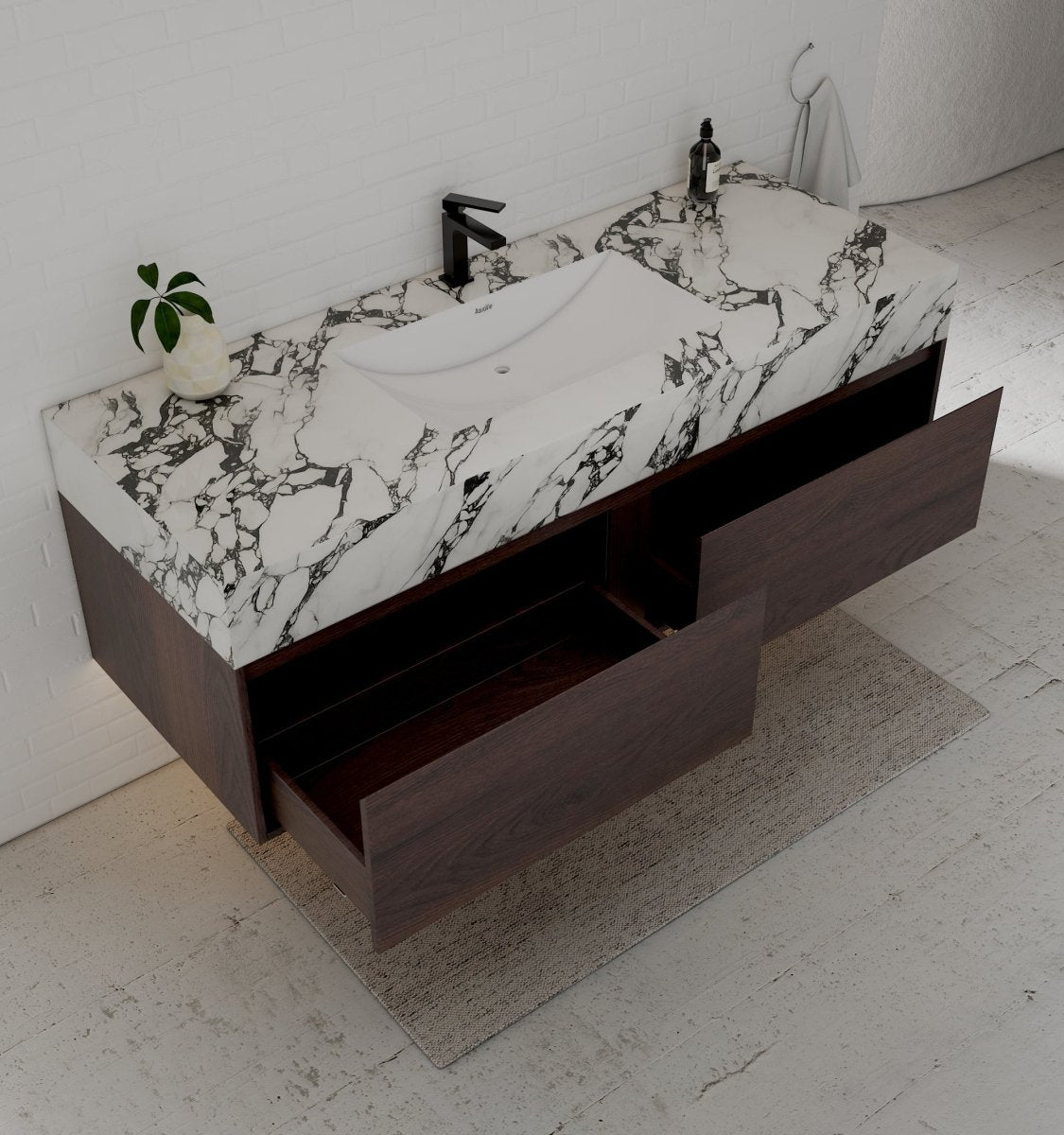 60" Walnut Double Sink Stone Top Two Drawers Floating Bathroom Vanity - VanityWalnut NeoNova Decor
