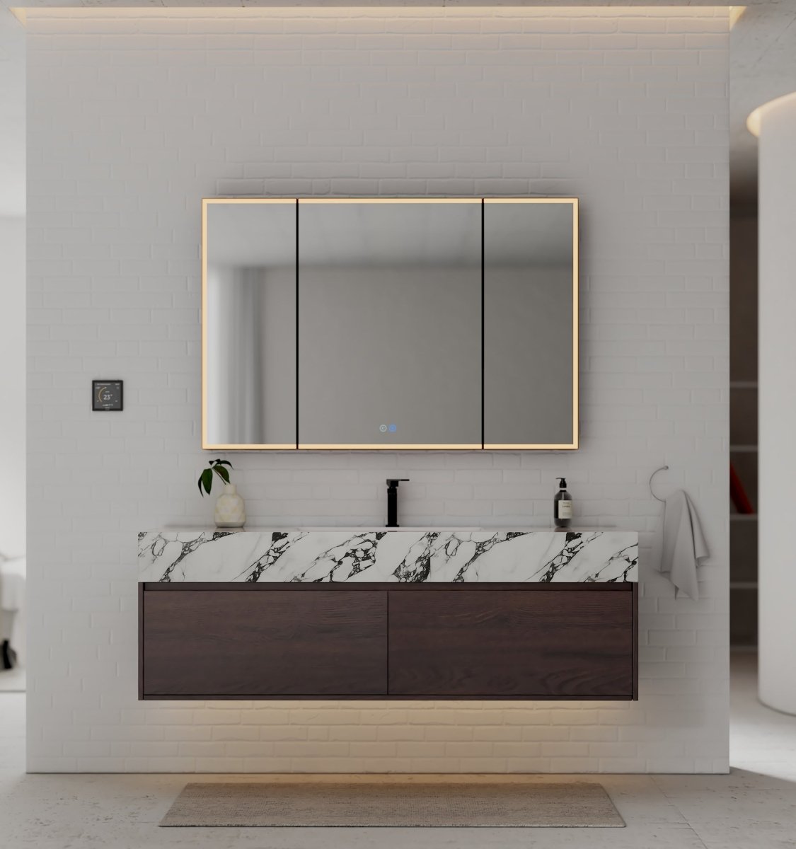 60" Walnut Double Sink Stone Top Two Drawers Floating Bathroom Vanity - VanityWalnut NeoNova Decor