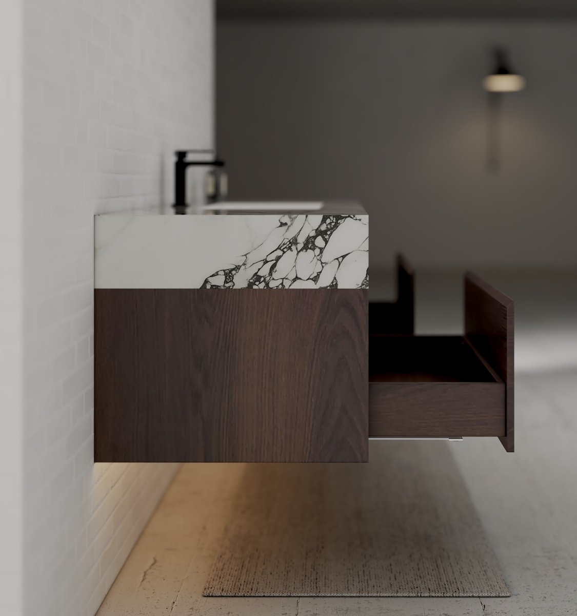 60" Walnut Double Sink Stone Top Two Drawers Floating Bathroom Vanity - VanityWalnut NeoNova Decor