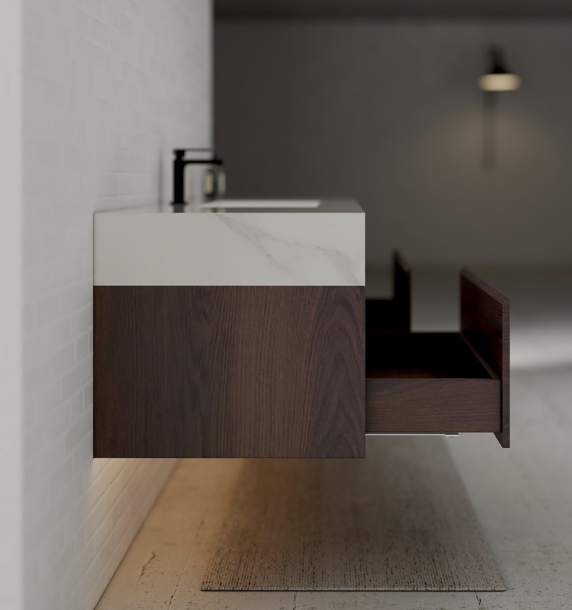 60" Walnut Double Sink Stone Top Two Drawers Floating Bathroom Vanity - VanityWalnut NeoNova Decor