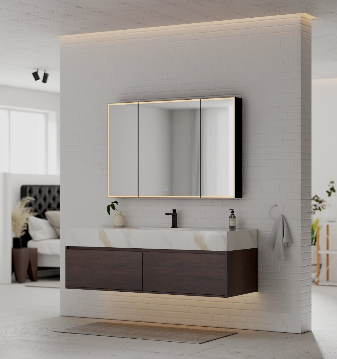 60" Walnut Double Sink Stone Top Two Drawers Floating Bathroom Vanity - VanityWalnut NeoNova Decor