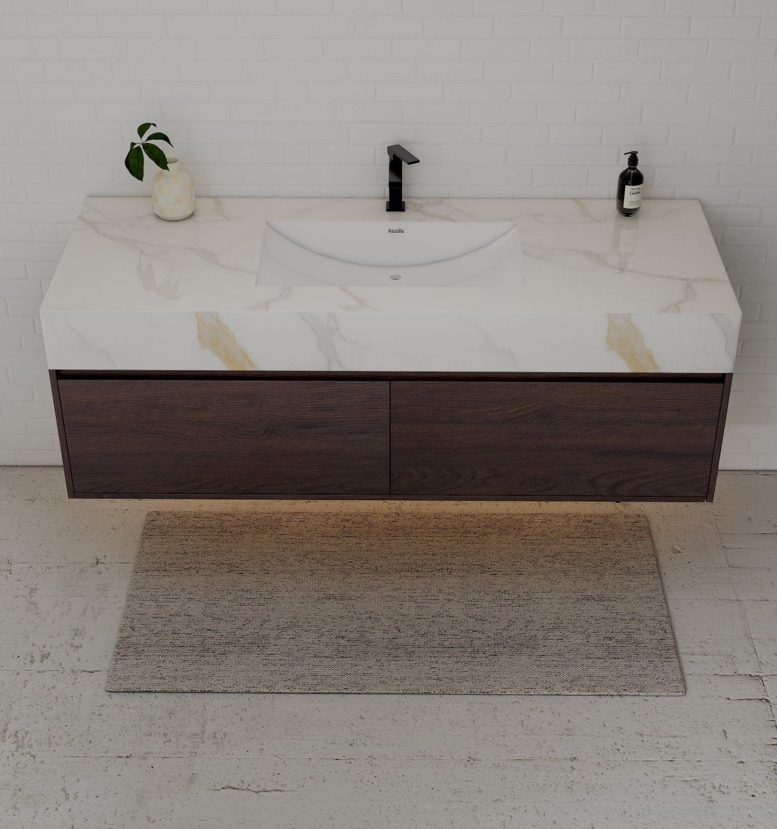 60" Walnut Double Sink Stone Top Two Drawers Floating Bathroom Vanity - VanityWalnut NeoNova Decor