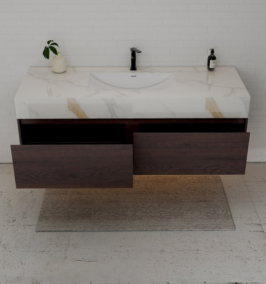 60" Walnut Double Sink Stone Top Two Drawers Floating Bathroom Vanity - VanityWalnut NeoNova Decor