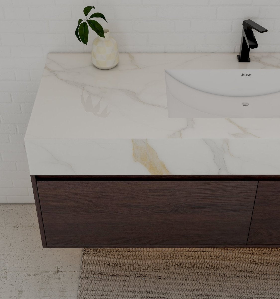 60" Walnut Double Sink Stone Top Two Drawers Floating Bathroom Vanity - VanityWalnut NeoNova Decor