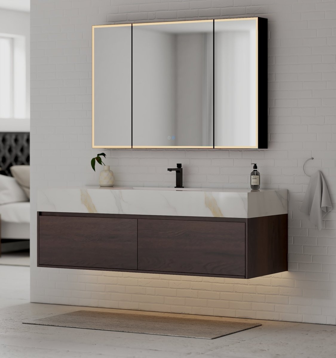 60" Walnut Double Sink Stone Top Two Drawers Floating Bathroom Vanity - VanityWalnut NeoNova Decor