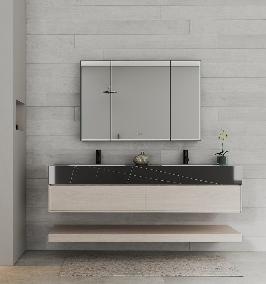 71" Ash Grey Oak Double Sink Stone Top Open Shelf Floating Bathroom Vanity - VanityAsh Grey Oak NeoNova Decor