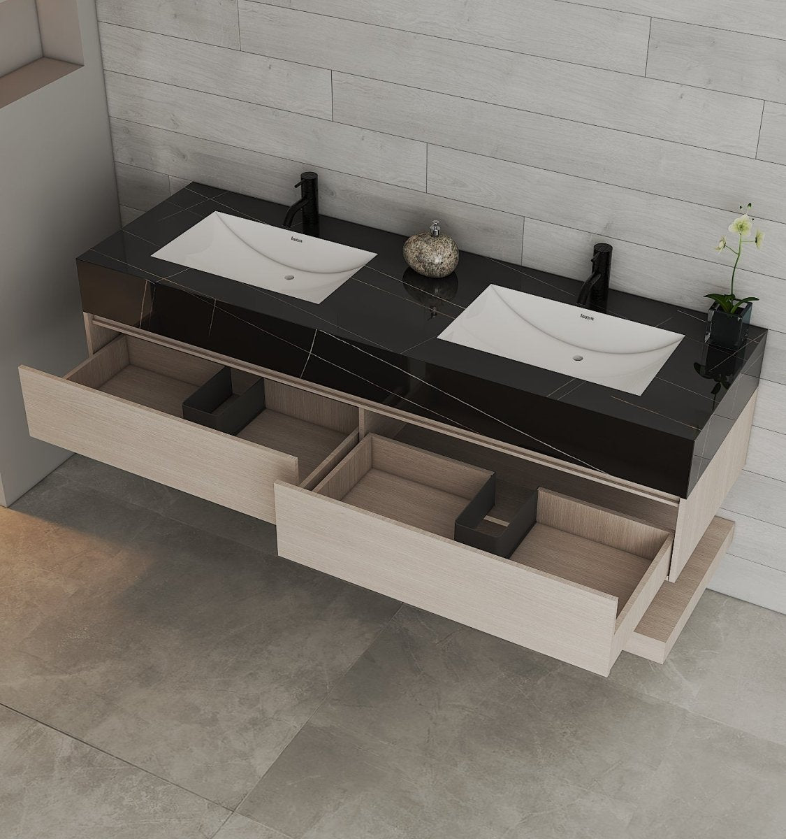 71" Ash Grey Oak Double Sink Stone Top Open Shelf Floating Bathroom Vanity - VanityAsh Grey Oak NeoNova Decor