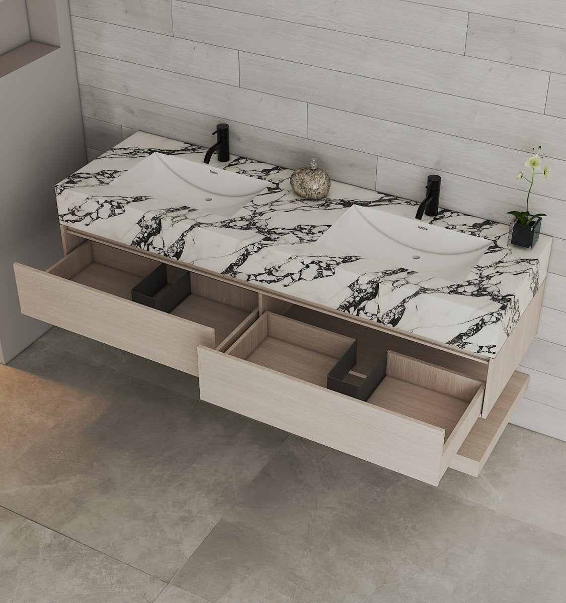 71" Ash Grey Oak Double Sink Stone Top Open Shelf Floating Bathroom Vanity - VanityAsh Grey Oak NeoNova Decor
