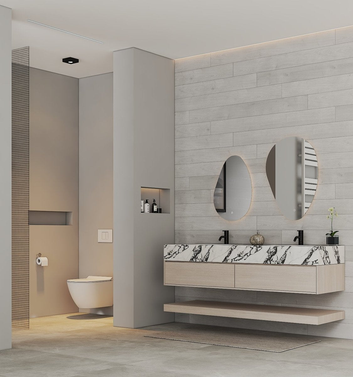 71" Ash Grey Oak Double Sink Stone Top Open Shelf Floating Bathroom Vanity - VanityAsh Grey Oak NeoNova Decor