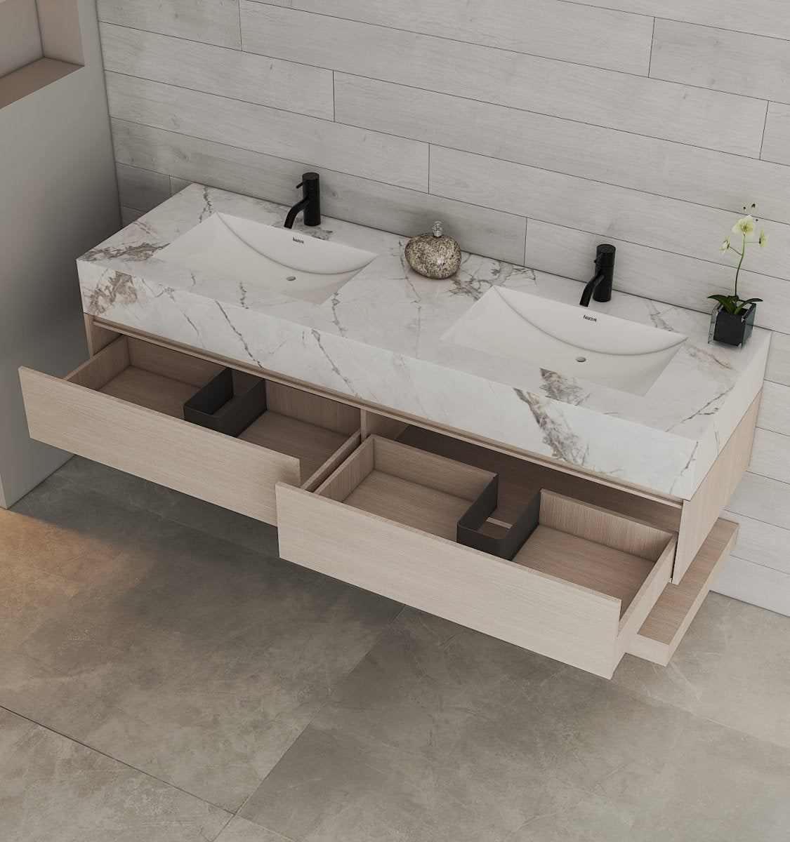 71" Ash Grey Oak Double Sink Stone Top Open Shelf Floating Bathroom Vanity - VanityAsh Grey Oak NeoNova Decor