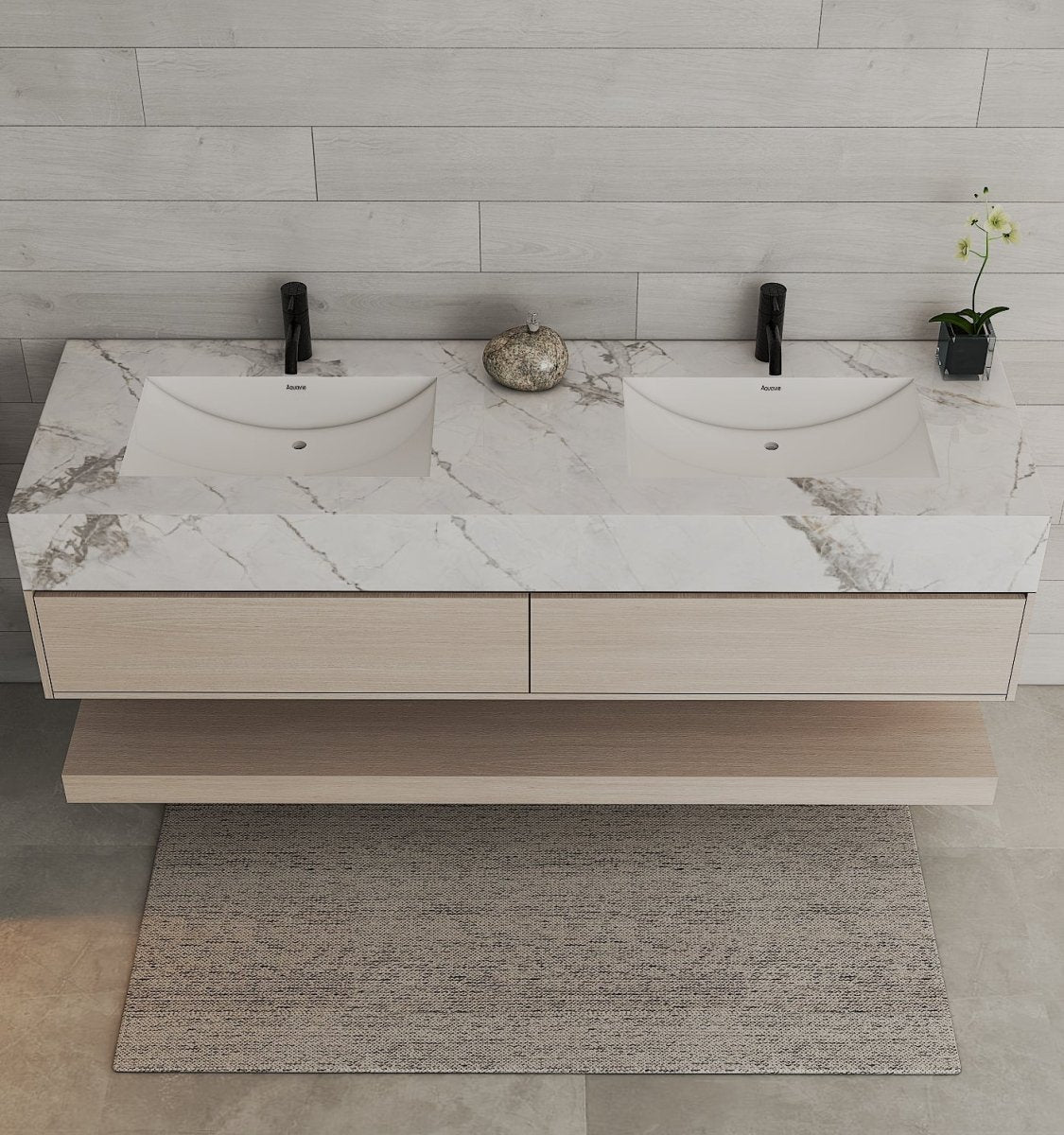 71" Ash Grey Oak Double Sink Stone Top Open Shelf Floating Bathroom Vanity - VanityAsh Grey Oak NeoNova Decor