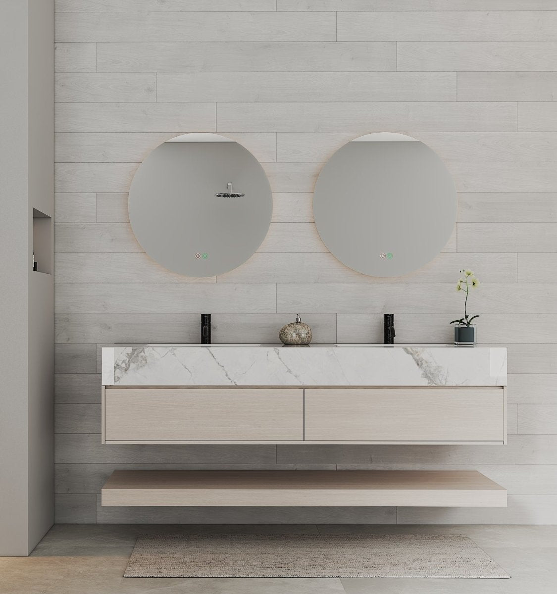 71" Ash Grey Oak Double Sink Stone Top Open Shelf Floating Bathroom Vanity - VanityAsh Grey Oak NeoNova Decor
