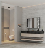 71" Ash Grey Oak Double Sink Stone Top Open Shelf Floating Bathroom Vanity - VanityAsh Grey Oak NeoNova Decor
