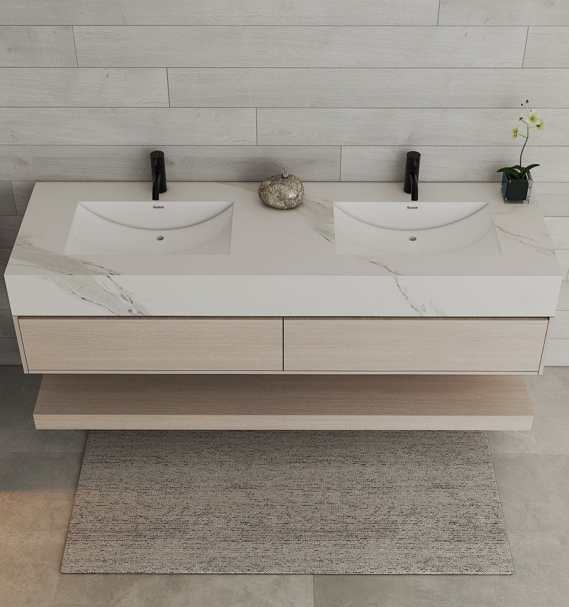 71" Ash Grey Oak Double Sink Stone Top Open Shelf Floating Bathroom Vanity - VanityAsh Grey Oak NeoNova Decor