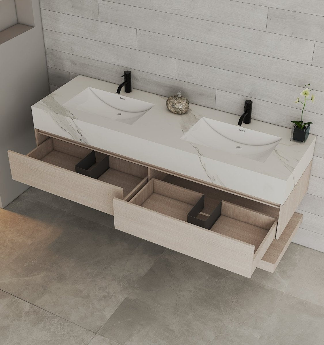 71" Ash Grey Oak Double Sink Stone Top Open Shelf Floating Bathroom Vanity - VanityAsh Grey Oak NeoNova Decor