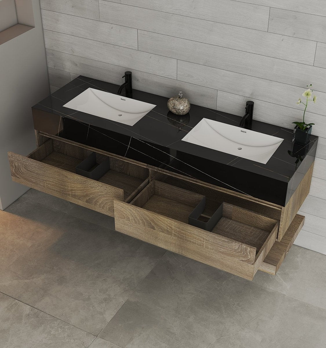 71" Nature Oak Double Sink Stone Top Open Shelf Floating Bathroom Vanity - VanityNature Oak NeoNova Decor