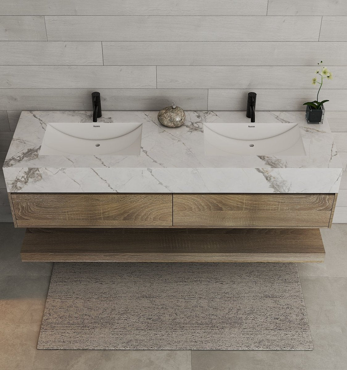 71" Nature Oak Double Sink Stone Top Open Shelf Floating Bathroom Vanity - VanityNature Oak NeoNova Decor