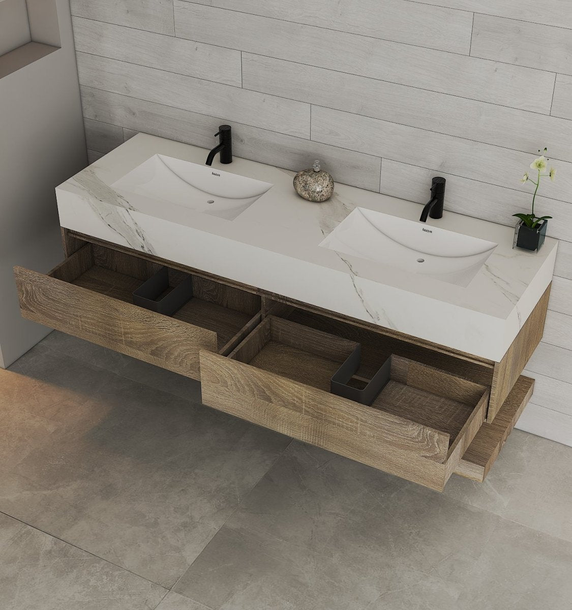 71" Nature Oak Double Sink Stone Top Open Shelf Floating Bathroom Vanity - VanityNature Oak NeoNova Decor