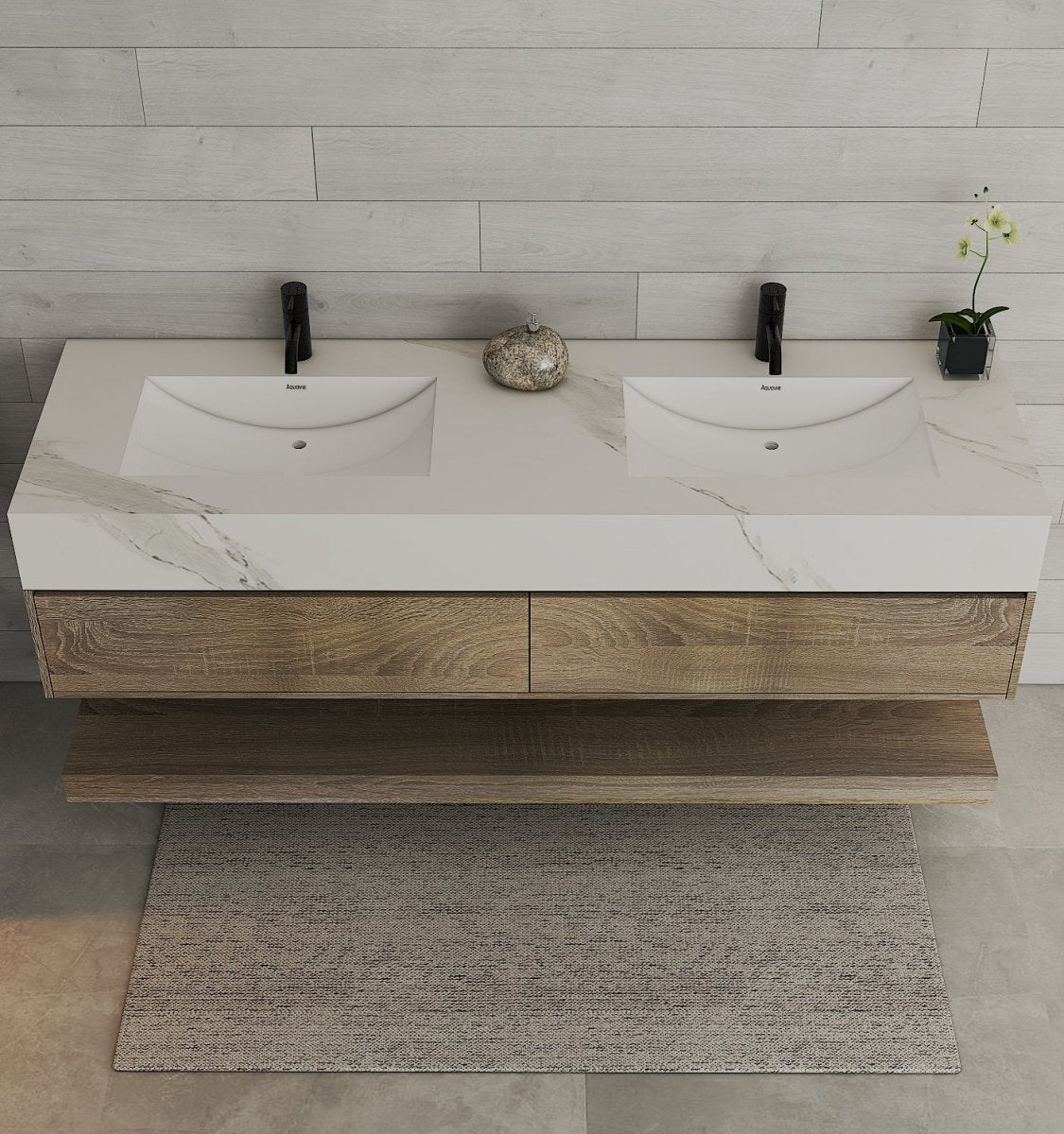 71" Nature Oak Double Sink Stone Top Open Shelf Floating Bathroom Vanity - VanityNature Oak NeoNova Decor