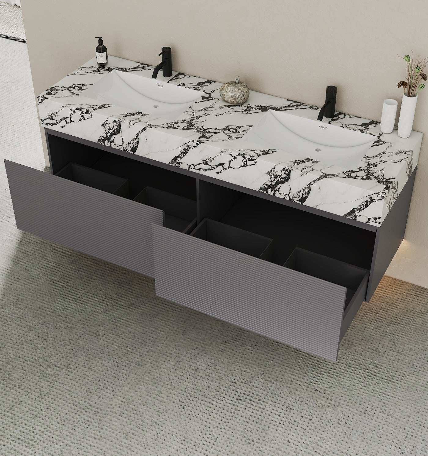 71'' Stone Top with Dark Gray Engineered Wood Floating Bathroom Vanity - Vanity71" x 22.5" NeoNova Decor