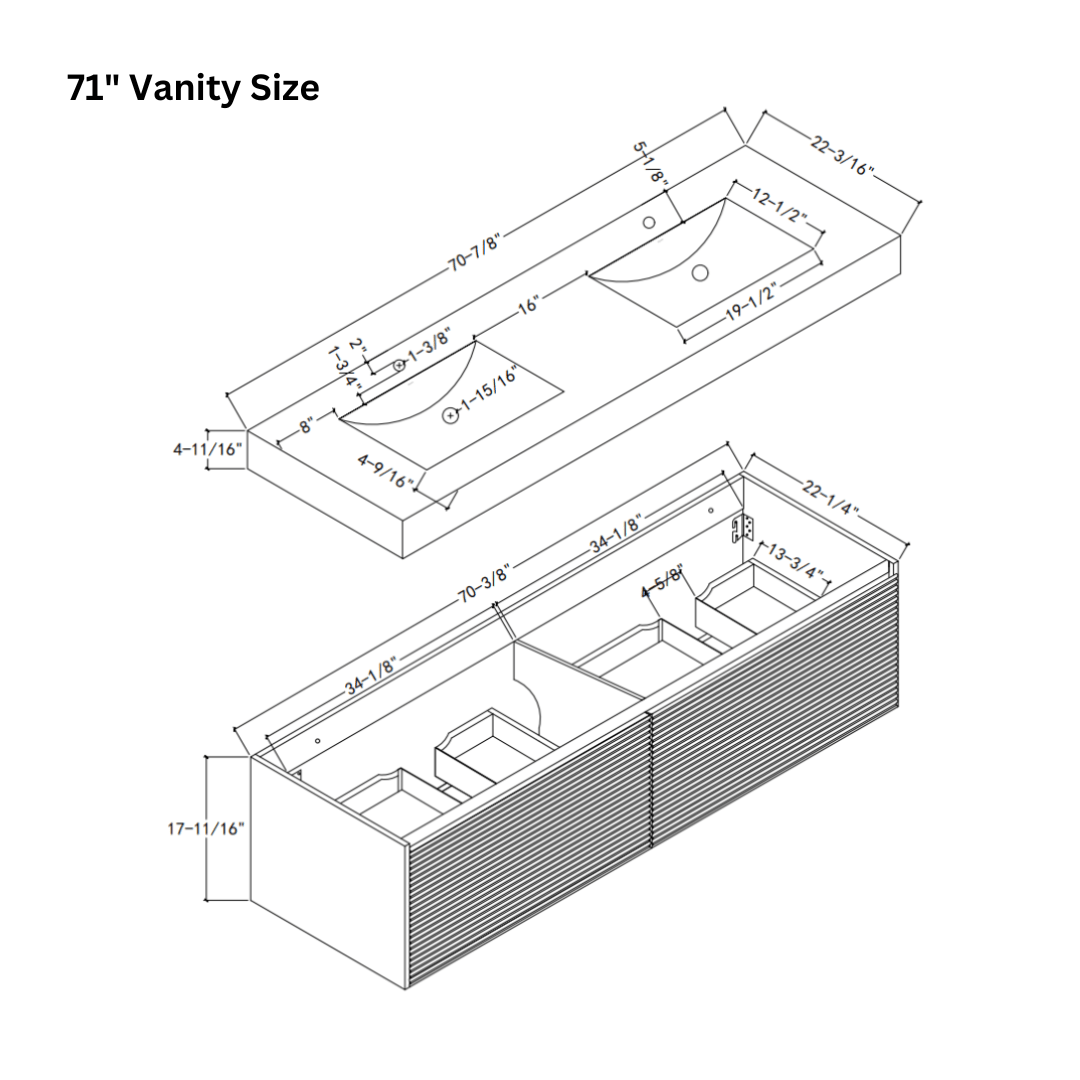 71'' Stone Top with Light Gray Engineered Wood Floating Bathroom Vanity - Vanity71" x 22.5" NeoNova Decor