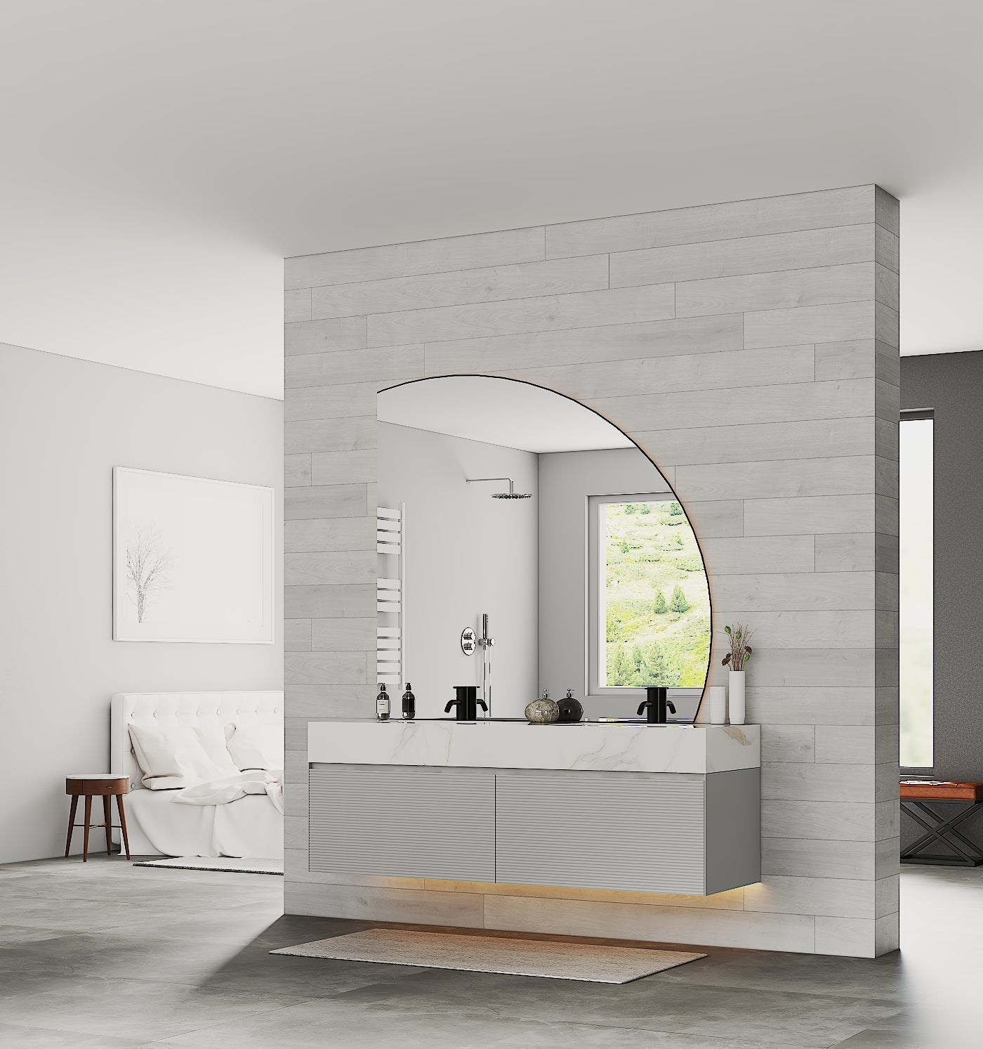 Luxury floating double sink vanity with stone top, storage drawers, and Blum hinge doors