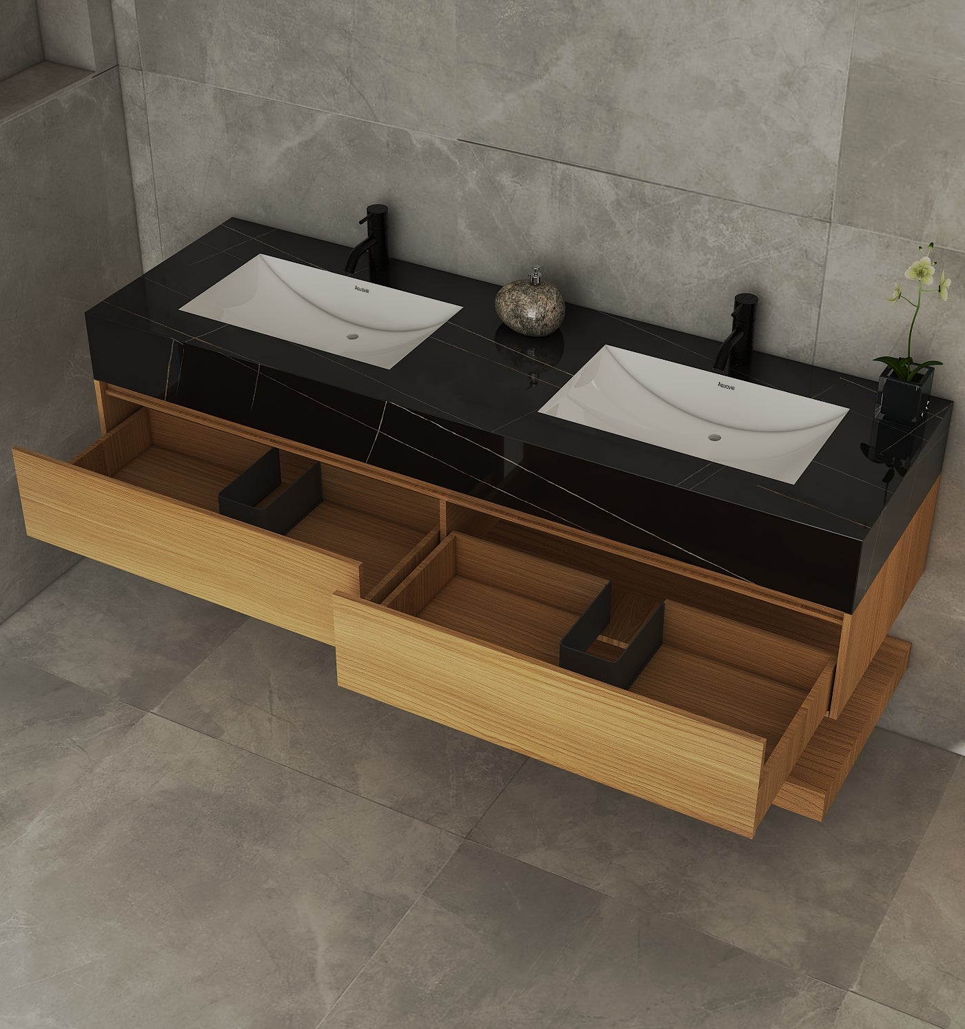 71'',60” Double Sink Stone Top with Hotel - Style Floating Bathroom Vanity - VanityHHT NeoNova Decor