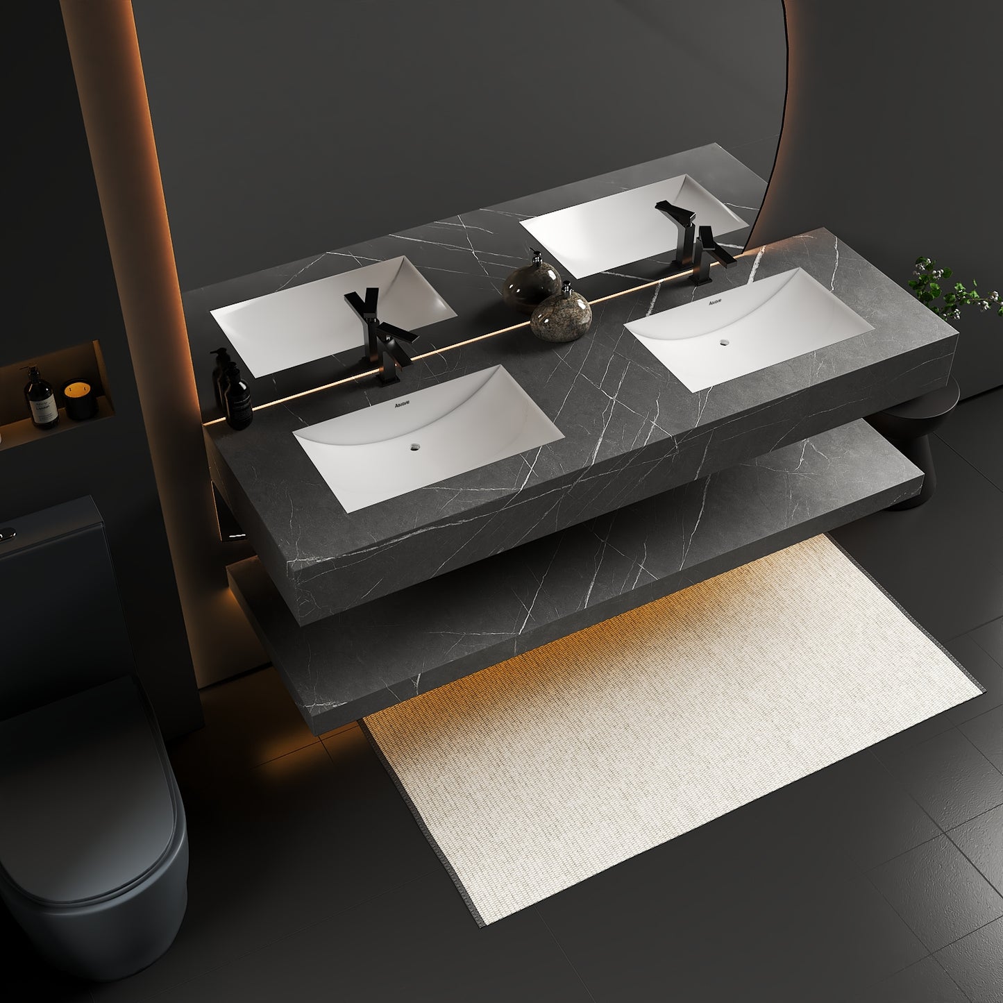 71 Inch Slate Double Sink Floating Vanity – Seamless Stone Basin-A3