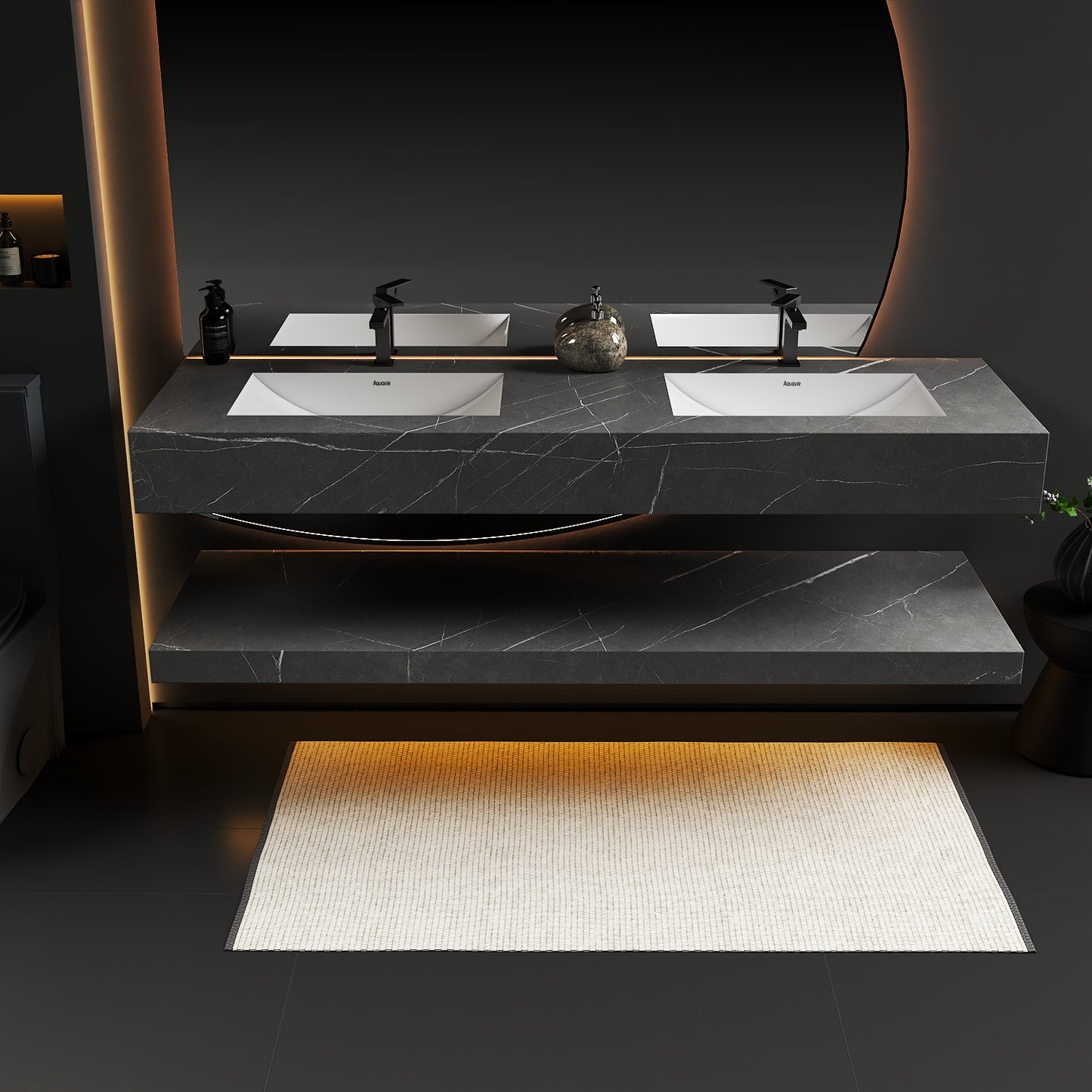 71 Inch Slate Double Sink Floating Vanity – Seamless Stone Basin-A3