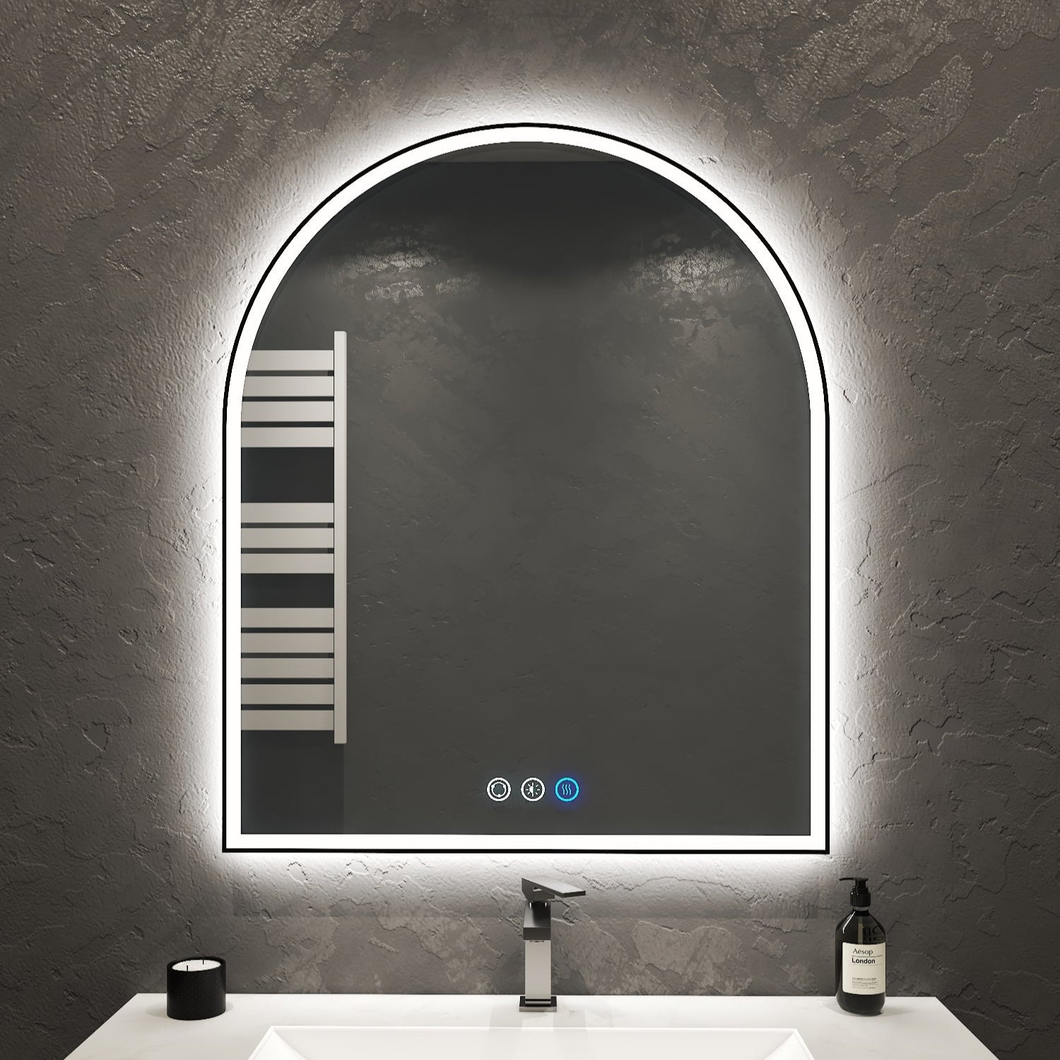 Arched LED Mirror with Black Frame 20"x30" – 3-Color Dimmable Lighting, Anti-Fog, Copper-Free Glass | NeoNova Decor