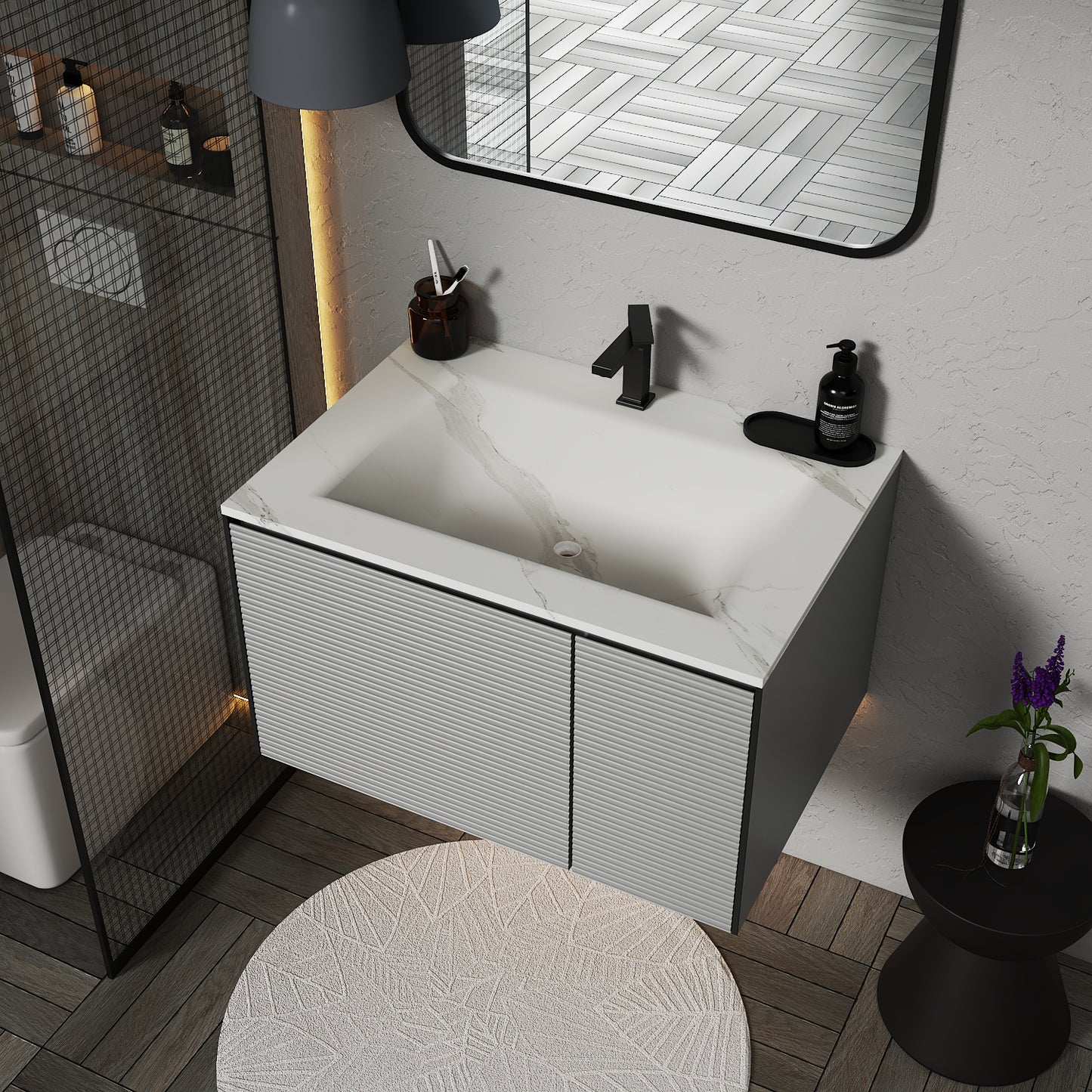 Fluted Floating Vanity with Seamless Stone Sink – 32" / 36" / 40"