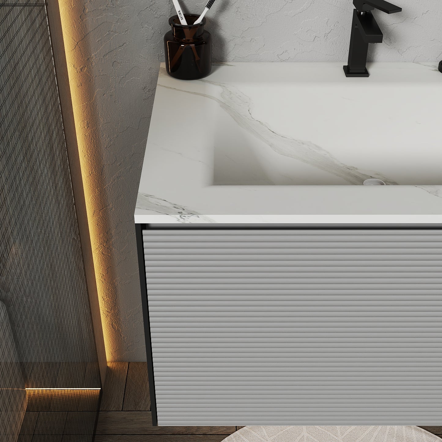 Fluted Floating Vanity with Seamless Stone Sink – 32" / 36" / 40"