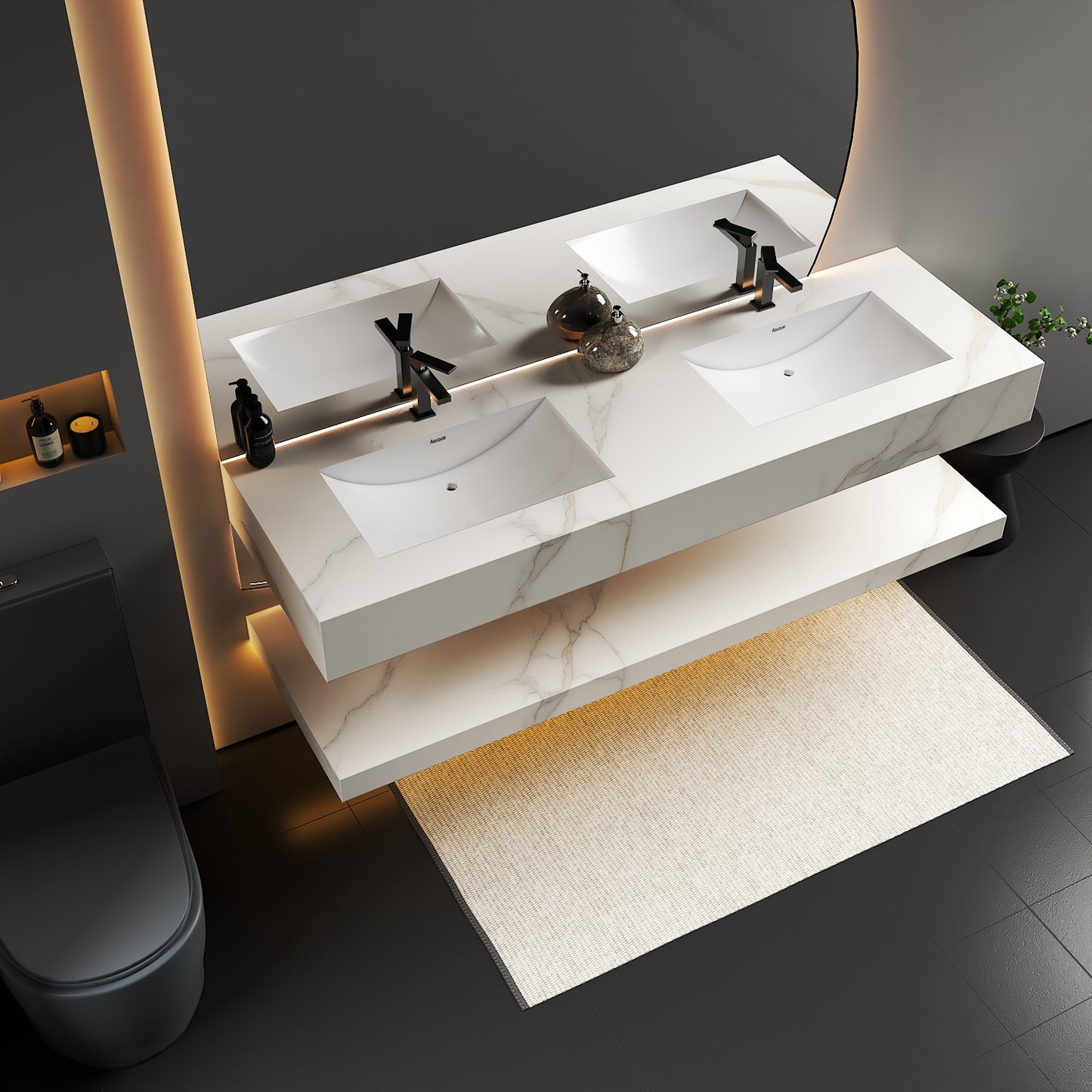 71 Inch Slate Double Sink Floating Vanity – Seamless Stone Basin-A3