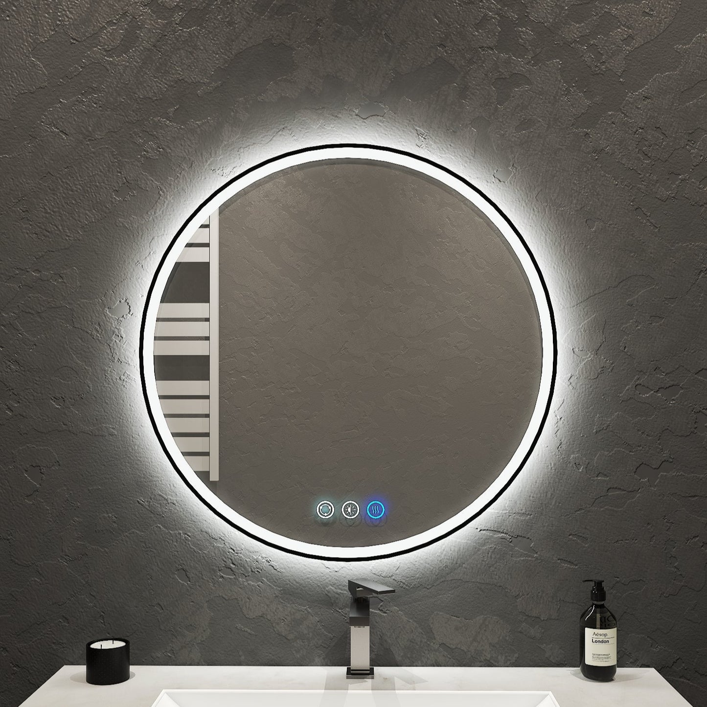 Luna Round LED Mirror with Black Metal Frame – 28" / 36"