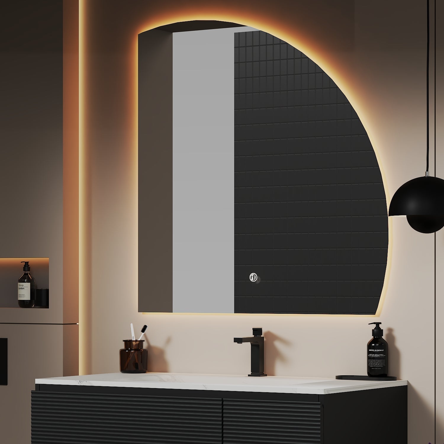 Curved - Corner Sculptural LED Mirror 36" x 36", Stepless Dimming + Wave Sensor - LED MIrror NeoNova Decor