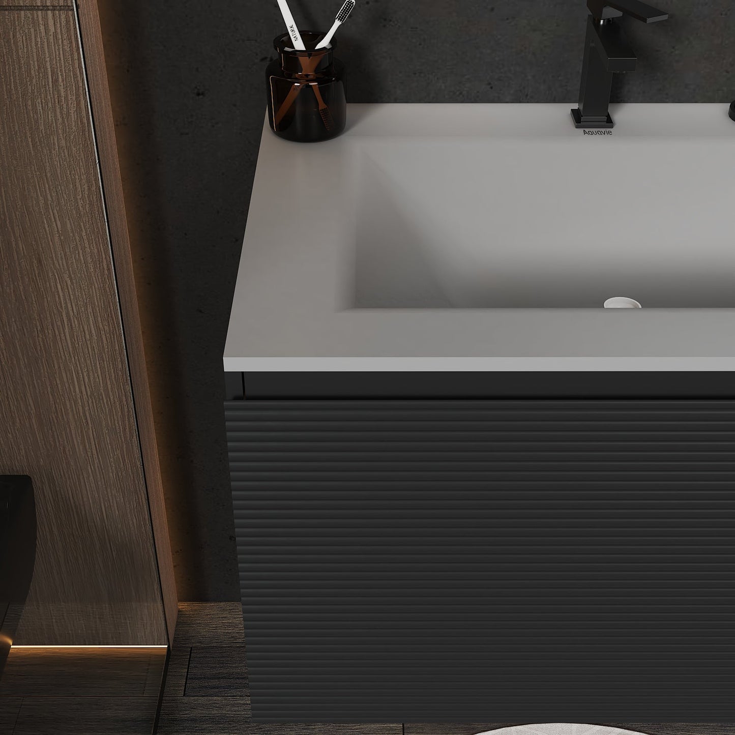 Dark Grey Floating Vanity – Seamless Stone Sink, Fluted Front, 32"/36"/40" - VanityCQH NeoNova Decor