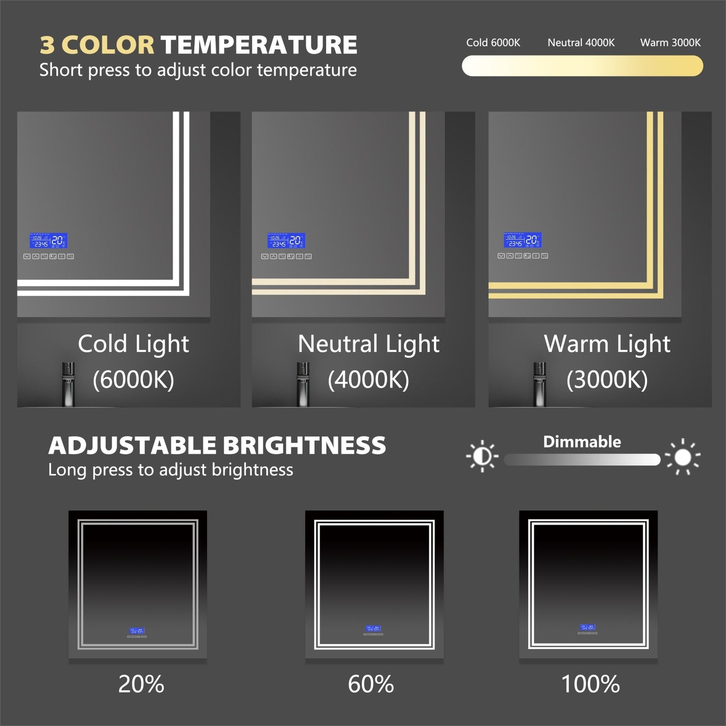iHome Style LED Mirror with Bluetooth Speaker – Vanity Mirror 30"/36" - LED MIrror30"x 32" NeoNova Decor
