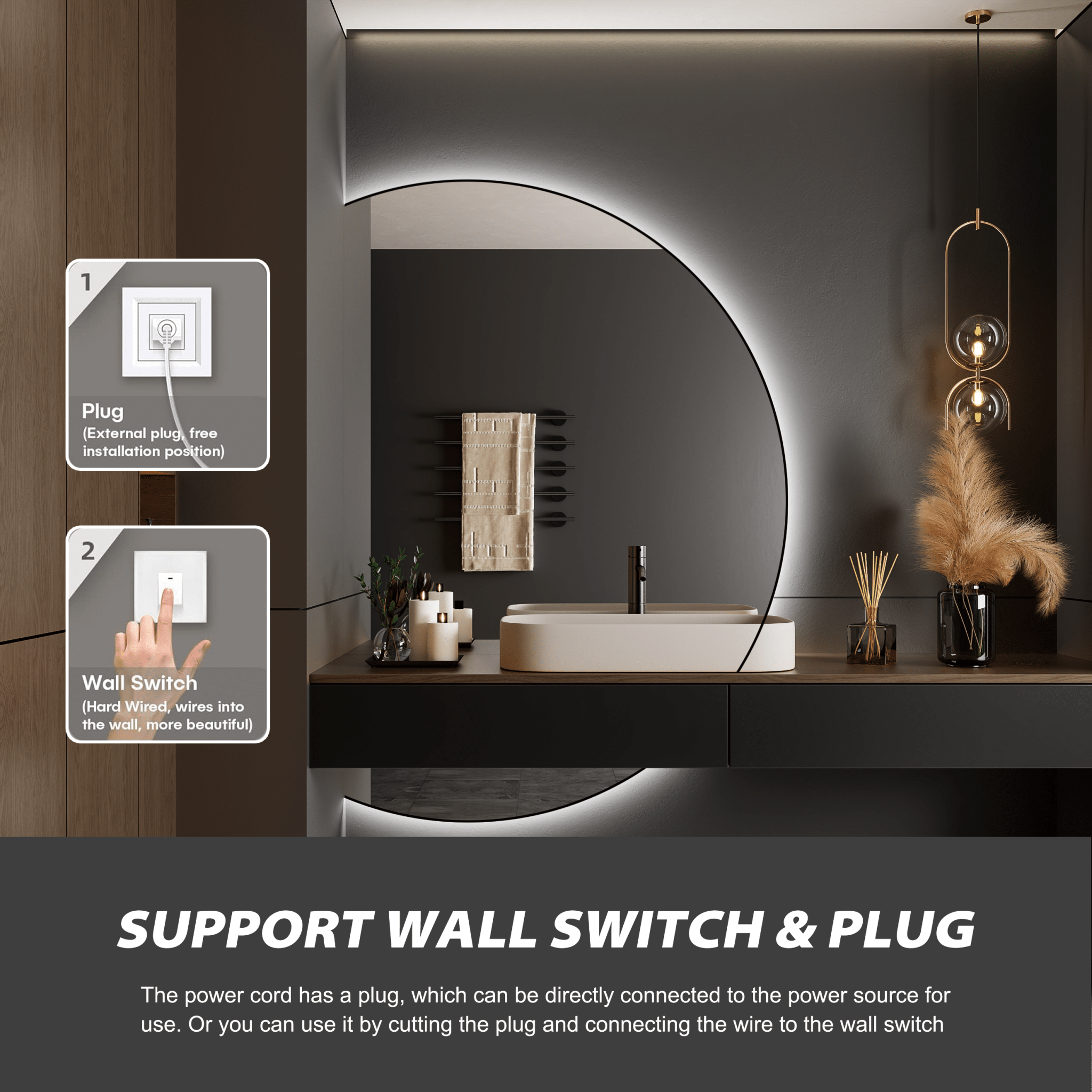 Large Half Circle LED Bathroom Mirror – Vanity & Decorative Wall Mirror - LED MIrror60"x 80" NeoNova Decor