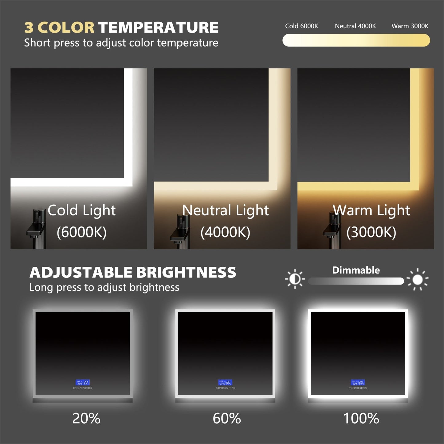 LED Bluetooth Bathroom Mirror with Speaker – Anti - Fog, Dimmable Light, Aluminum Frame - LED MIrror24"x 32" NeoNova Decor