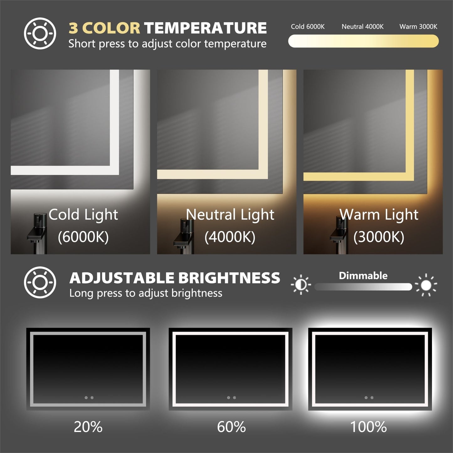 LED Lighted Bathroom Mirror with Front & Back Illumination – Dimmable & Anti - Fog, 30"–48" - LED MIrror30"x 32" NeoNova Decor