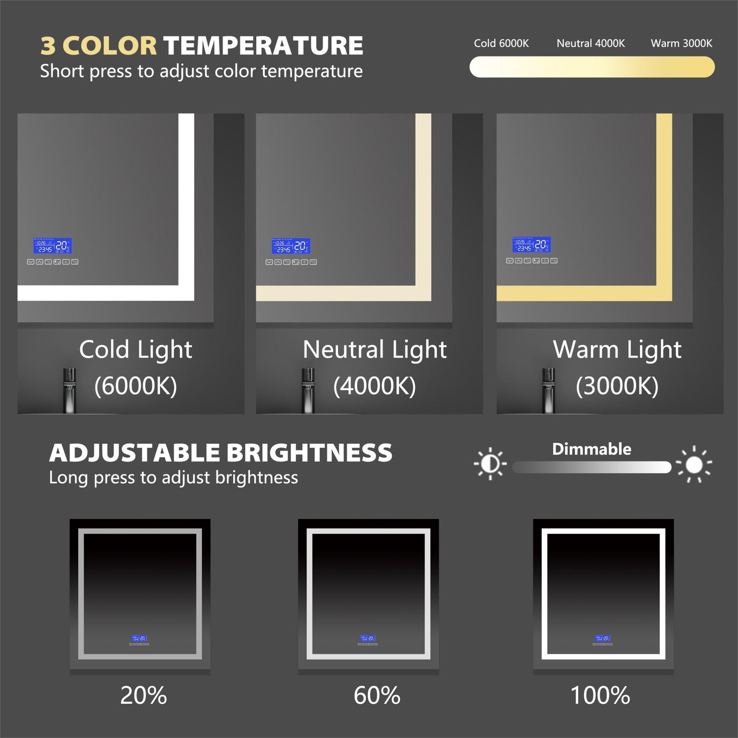 LED Vanity Mirror with Bluetooth Speaker – Touch Sensor, Anti - Fog, 3 - Color Light | 24" - 42" - LED MIrror24"x 32" NeoNova Decor