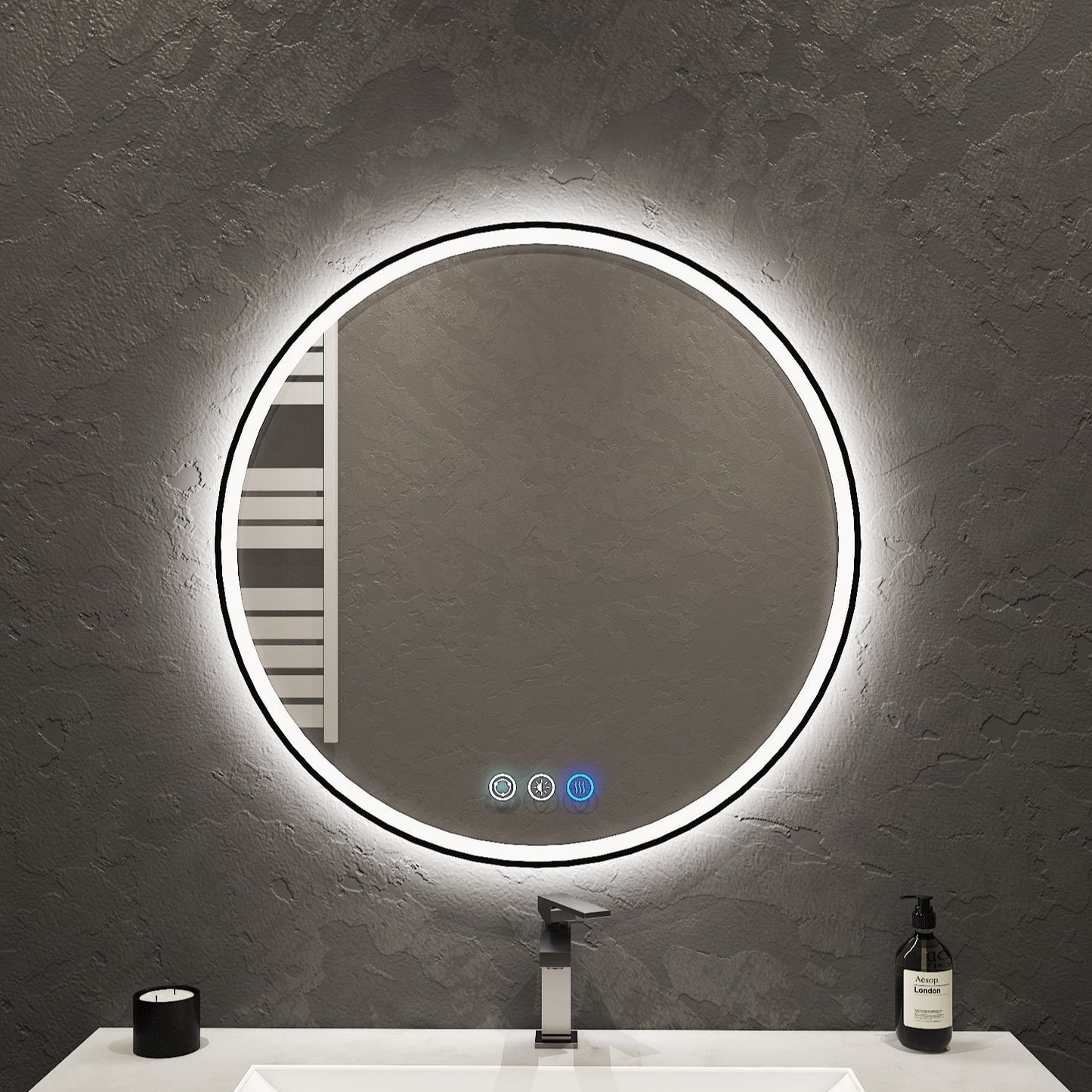 Luna Round LED Mirror with Black Metal Frame – 28" / 36"