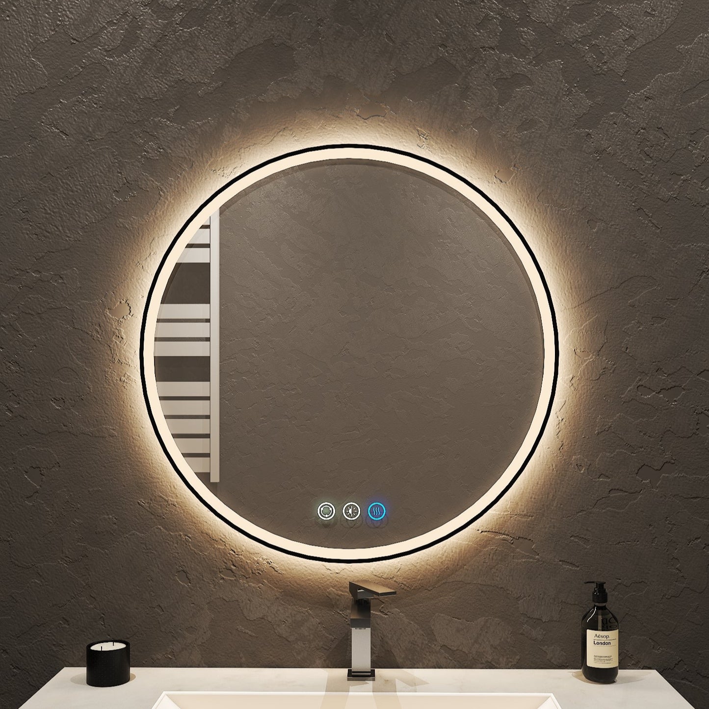 Luna Round LED Mirror with Black Metal Frame – 28" / 36"