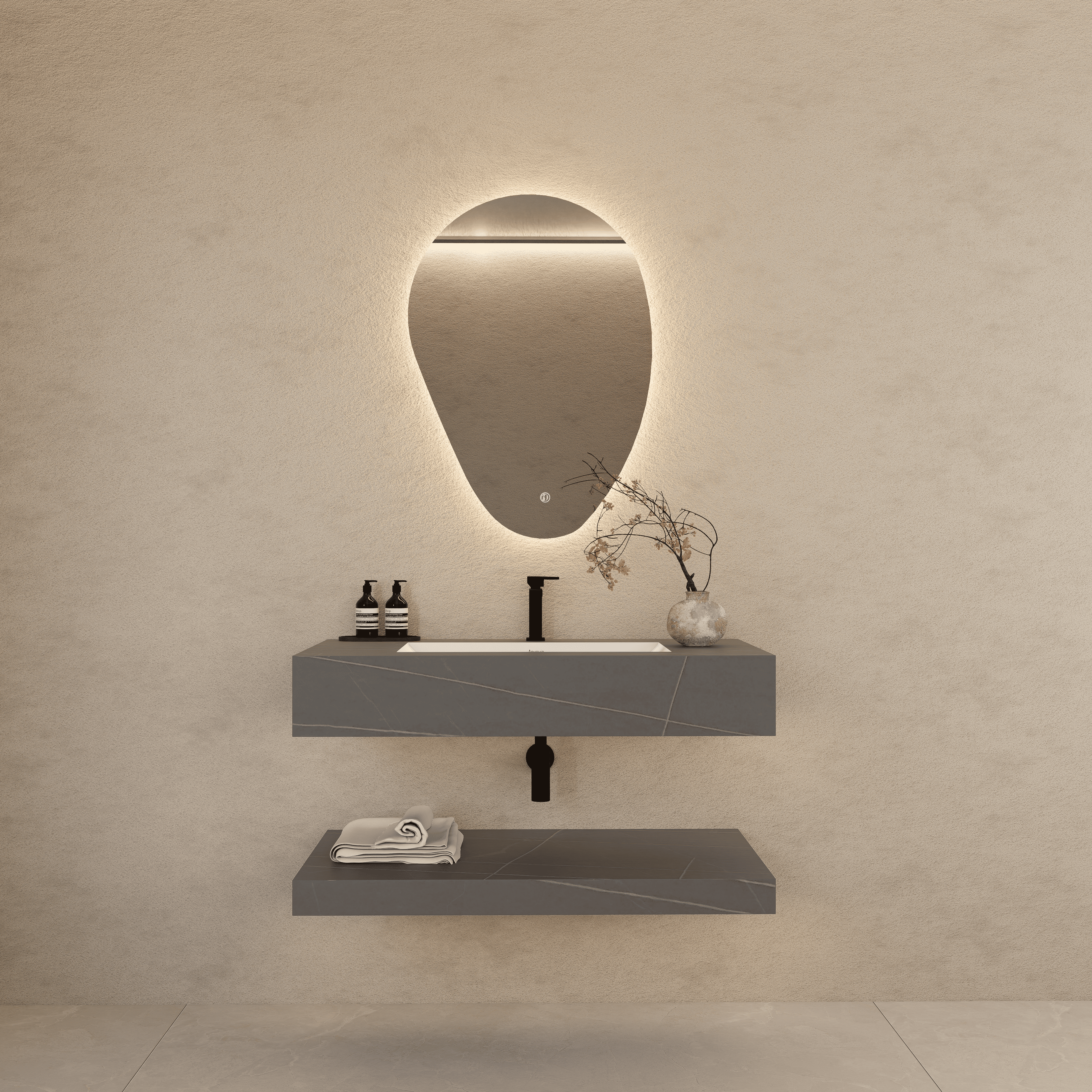 Armani Grey Floating Vanity Without Drawers – Seamless Marble-Look Stone, 32" 40"/48"-A3