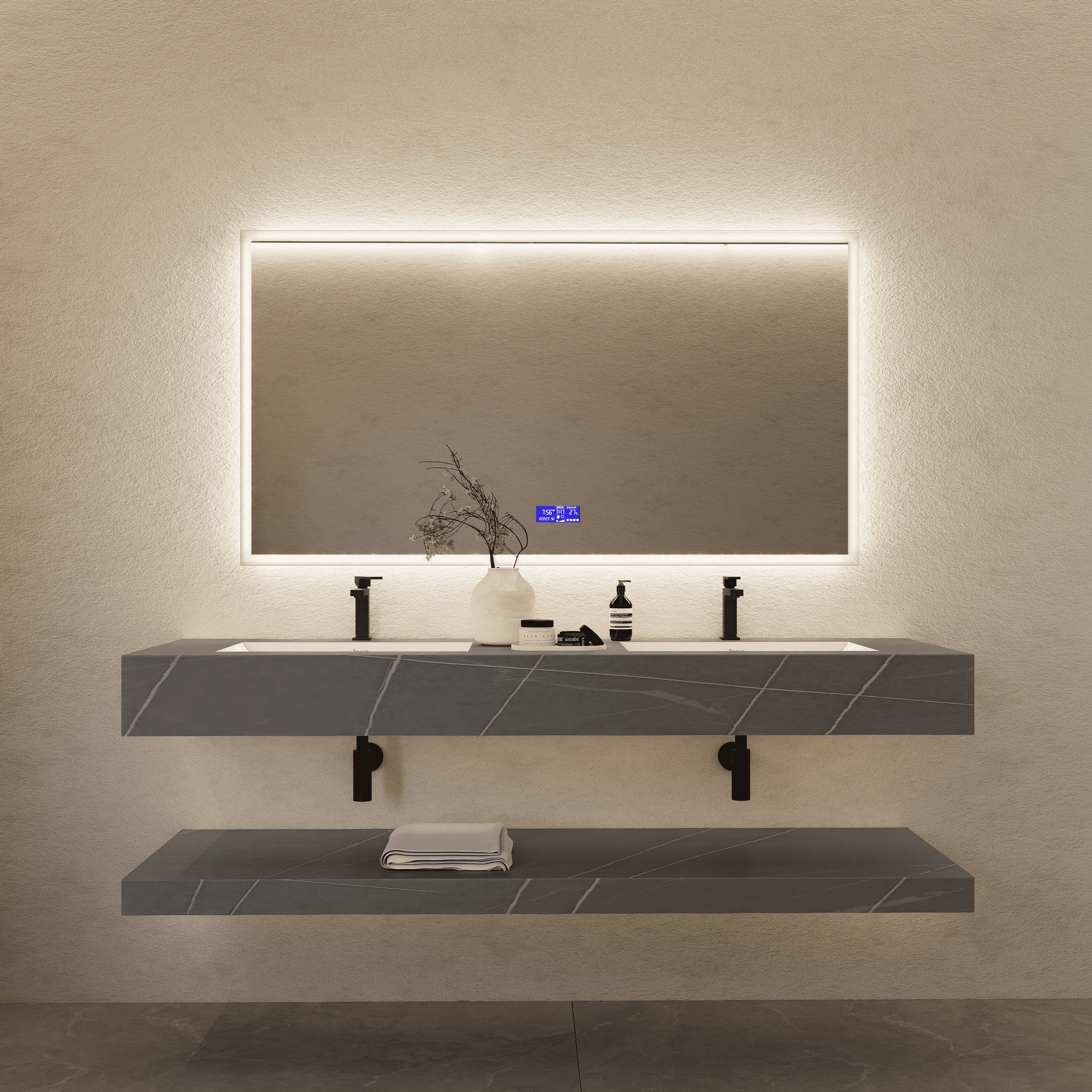 71 Inch Armani Grey Slate Double Sink Floating Vanity – Seamless Stone Basin-A3