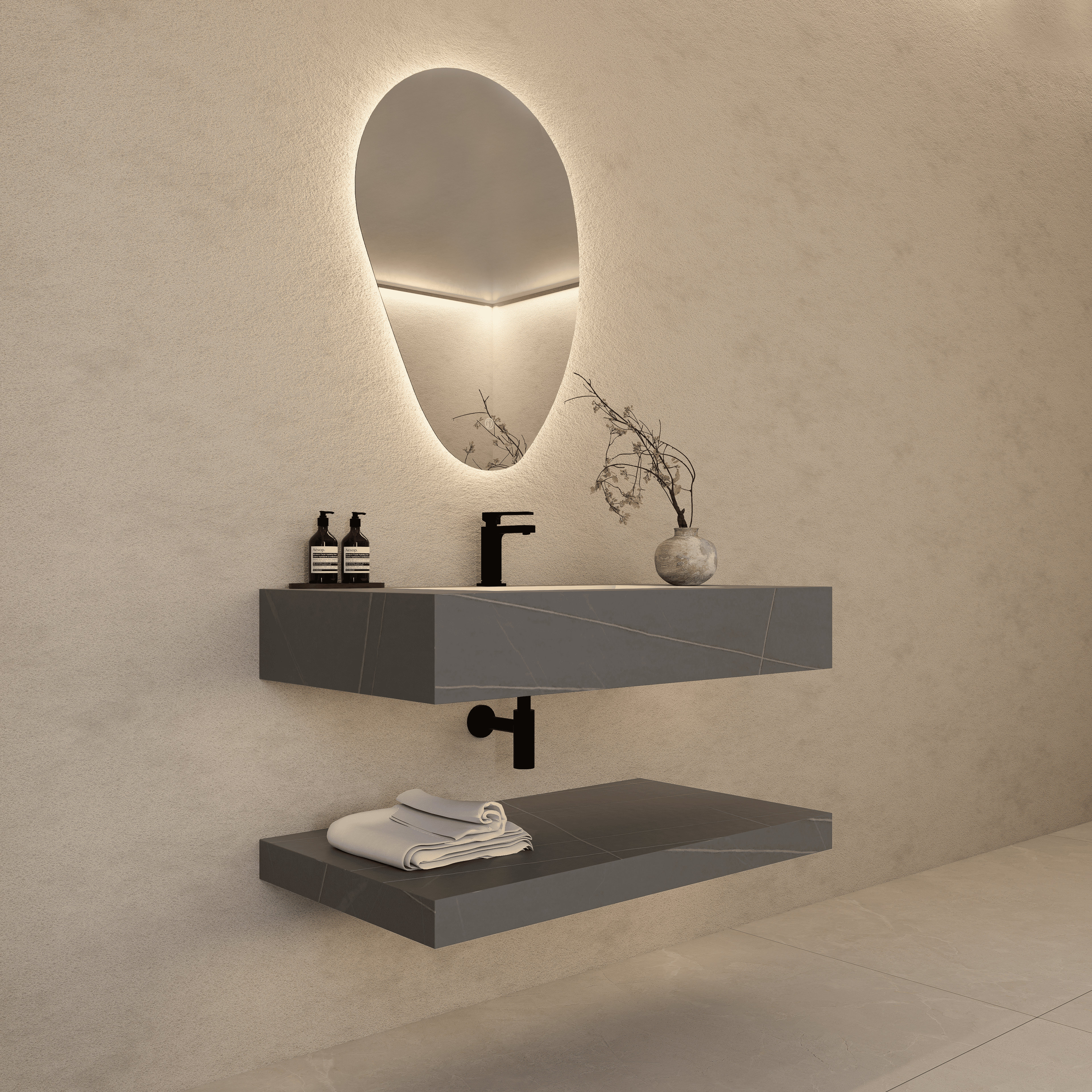 Armani Grey Floating Vanity Without Drawers – Seamless Marble-Look Stone, 32" 40"/48"-A3