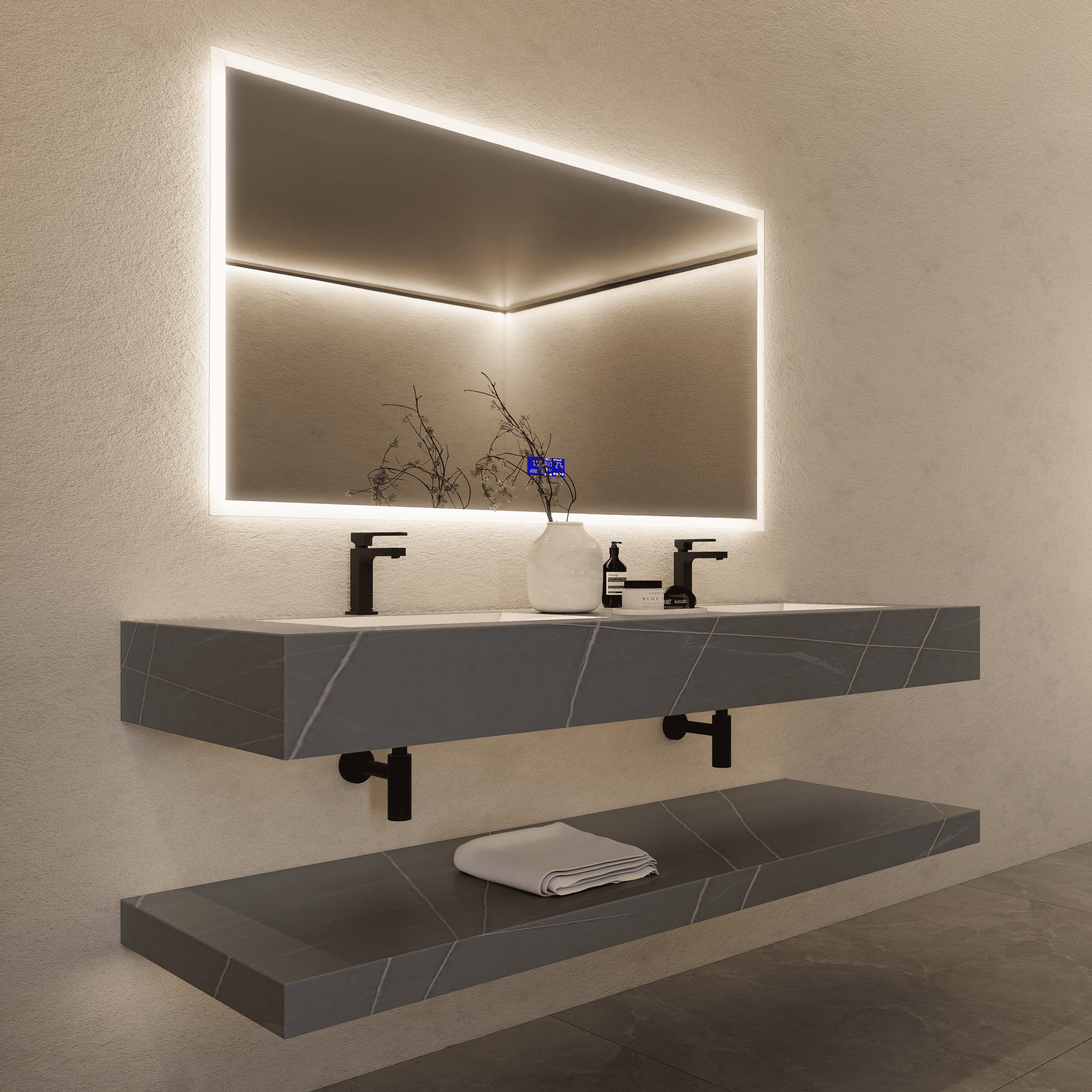 71 Inch Armani Grey Slate Double Sink Floating Vanity – Seamless Stone Basin-A3